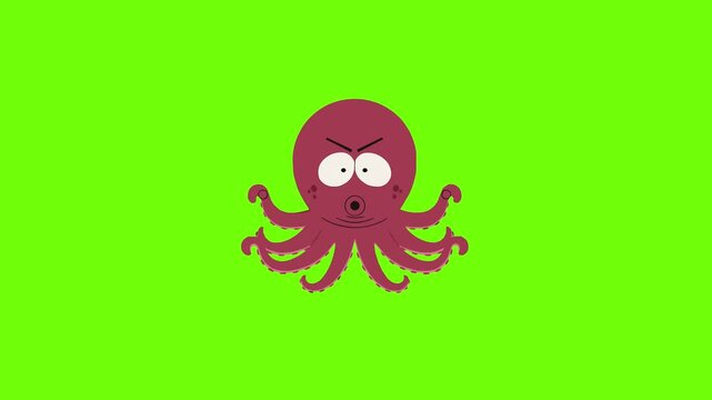 A 2D animated octopus character with an angry expression floating against a green screen background. This character asset is ready for chroma key compositing in animation projects or digital video edi