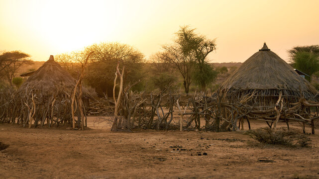 Hamar tribal village in Omo valley at sunset