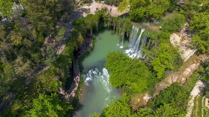 Fototapeta premium Aerial View of Upper Duden Waterfall and Nature Park in Antalya, Turkey