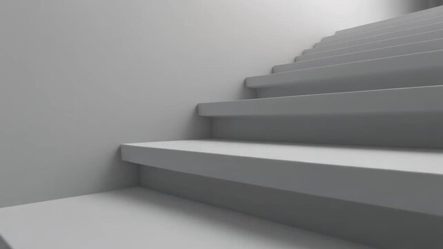 Architectural perspective of a minimalist white stairway, representing upward movement, future possibilities, and sequential steps towards success and a new path