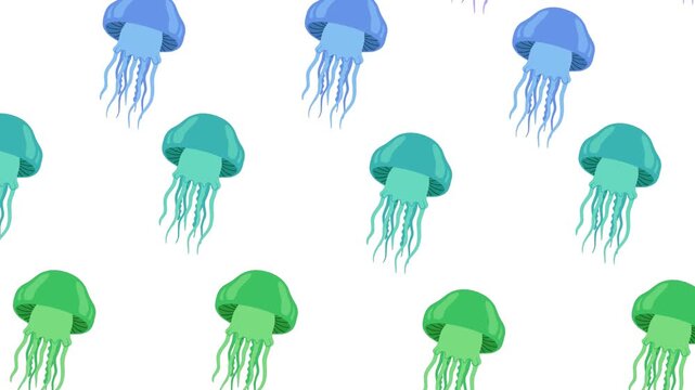A clean 2D vector illustration pattern featuring various green and light blue cartoon jellyfish floating elegantly. The decorative graphic animation forms a continuous seamless loop on a white backgro