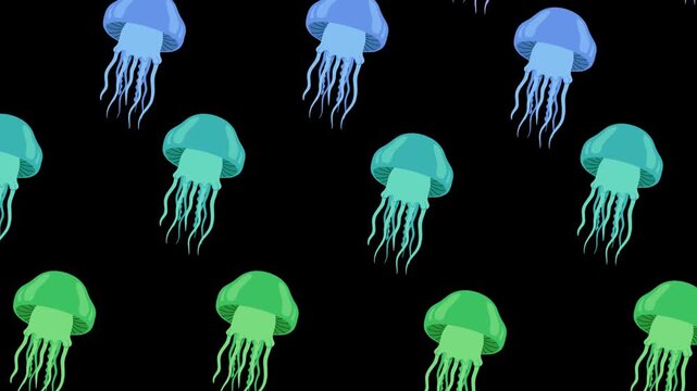 A vibrant 2D animated pattern featuring stylised blue and green jellyfish floating against a solid black background. Perfect for background textures, ocean-themed designs, and modern motion graphics.