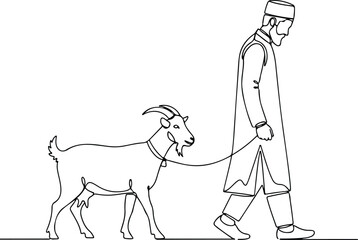 Fototapeta premium PrintContinuous line drawing of a Muslim man leading a goat for Eid al-Adha sacrifice