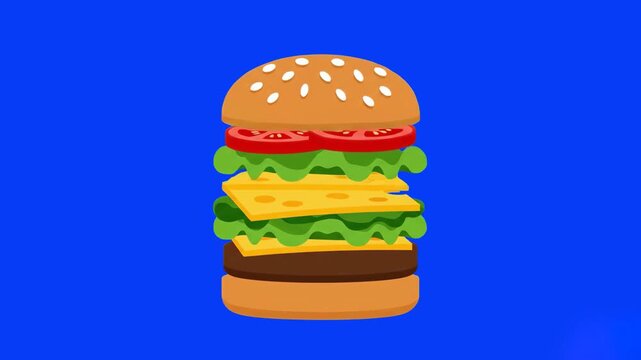 A dynamic, flat style animation showing the layers of a cheeseburger (buns, patty, cheese, lettuce, tomatoes) flying together to assemble against a chroma key blue screen background. This food-themed 