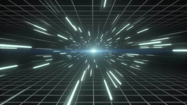 Abstract digital grid lines converge toward a bright light source, symbolizing fast data transfer or hyperspace travel