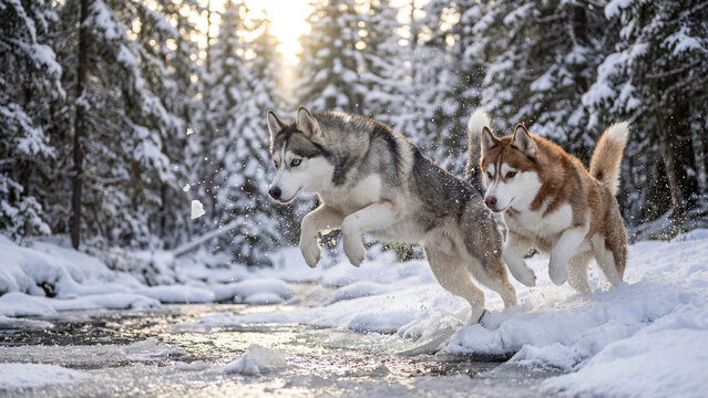 Two husky dogs running through snowy forest with strong winter energy