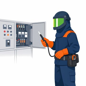 Electrical Worker in Arc Flash Protective Gear Preparing for Safe Panel Inspection