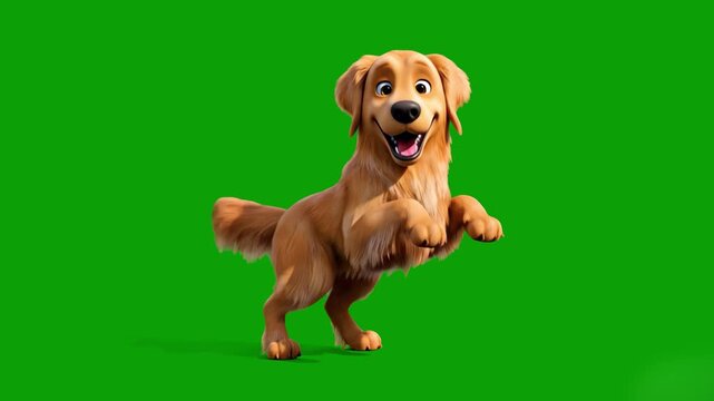 A high-quality animation of a friendly, happy golden retriever dog jumping in excitement against a chroma key green screen background. This lively pet asset is perfect for animal-themed projects, dog 