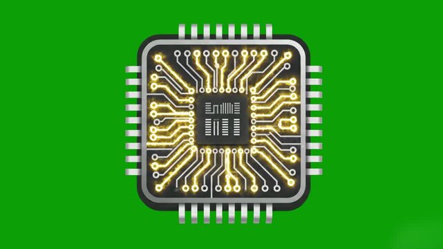 A detailed flat icon depicting a computer microchip or CPU processor with visible circuitry against a green background. This graphic is ideal for technology, hardware, computing, artificial intelligen