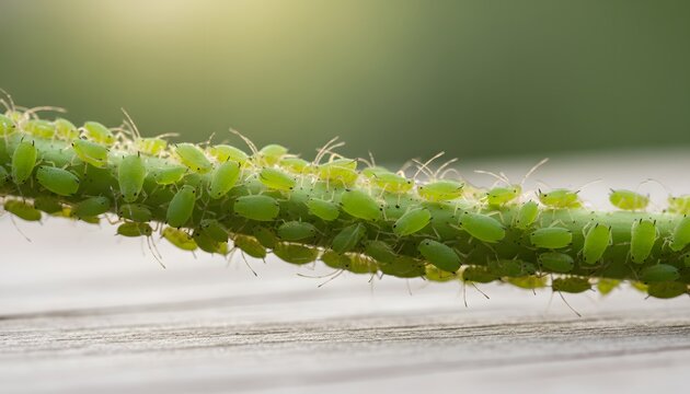 Macro view of a colony of green aphids on plants stems illustrating a garden pests infestation concept for commercial agriculture damage and organic farming protection