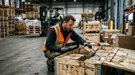 Fototapeta premium Warehouse environment showing a focused inspector checking waterdamaged goods inside open shipping crates surrounded by outoffocus pallets and forklifts.