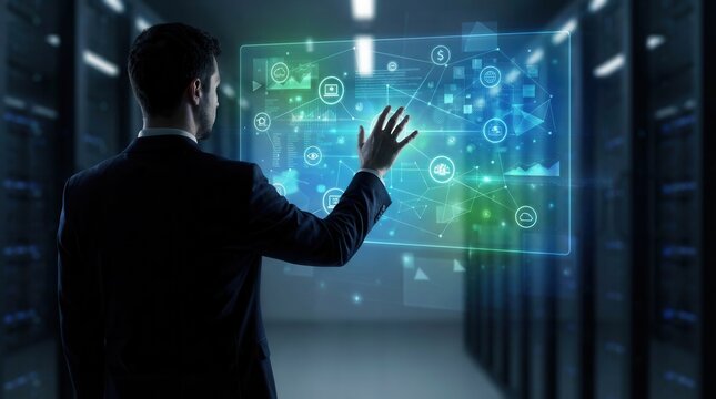 Business professional interacts with digital display while standing in server room near data center during daytime hours