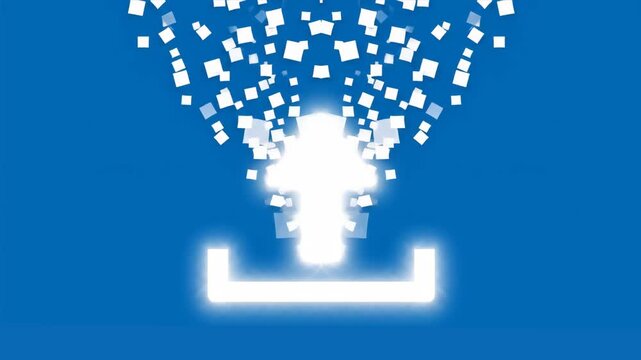 A dynamic digital icon showing an upward-pointing arrow releasing a shower of glowing white square particles against a deep blue background. This effect-heavy graphic is designed for high-tech file up