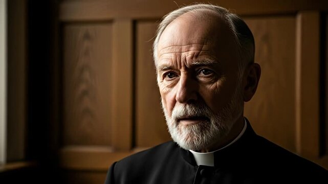 Close-up portrait of an elderly man, a priest, in a church setting.