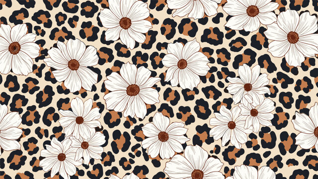 Unique seamless pattern merging bold leopard print spots with charming white daisies, each featuring a warm brown center, creating a stylish and playful design.