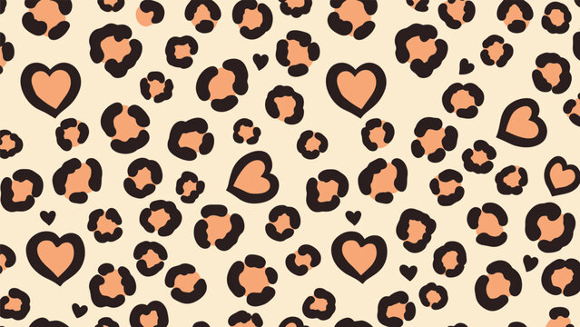 Playful seamless pattern merging bold leopard print spots with charming orange hearts, creating a stylish and romantic design on a gentle beige background.