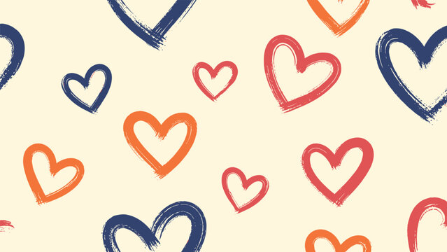 Vibrant seamless pattern featuring artistic brush stroke hearts in a delightful combination of deep dark blue, warm orange, and passionate red, set against a soft beige background.