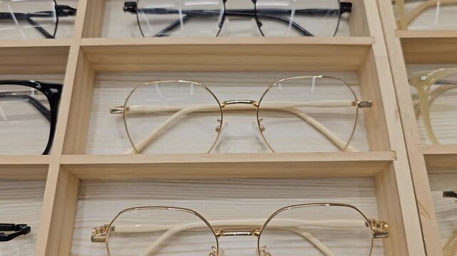 Gold metal eyeglasses with clear lenses placed in wooden compartment organizer box. Product display of optical frames in storage tray. Vision care and eyewear retail concept. Close up view