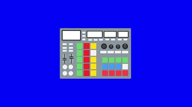A flat vector-style graphic of an audio mixing console with buttons, sliders, and faders against a chroma key blue screen background. This interface asset is ideal for music production tutorials, podc
