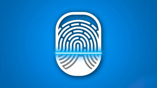 A clean 2D vector animation of a white fingerprint icon being scanned by a horizontal glowing blue laser bar. This motion graphic represents secure digital identification, cyber security, or user auth