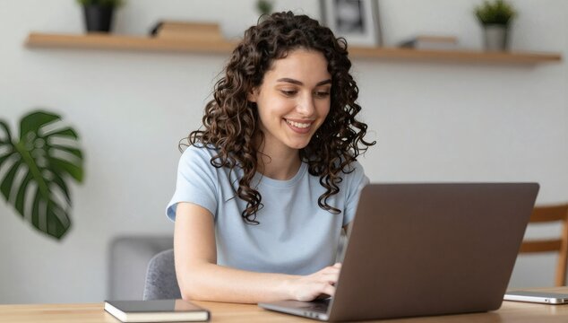 Smiling young woman with curly hair working on a laptop in her bright living room