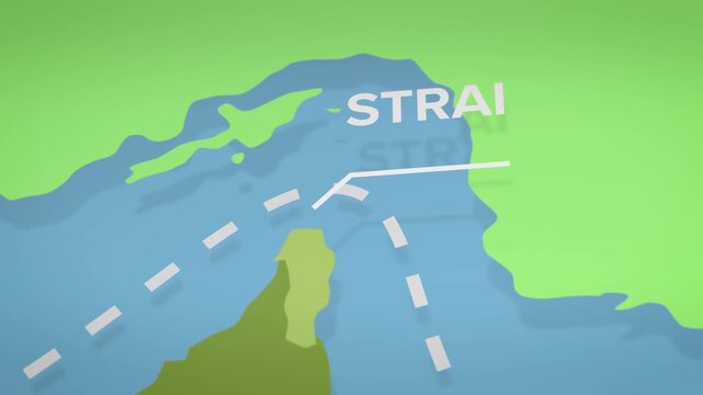 Animated map highlights Persian Gulf region with labeled countries including Iran, UAE, Qatar, Bahrain and Kuwait, showing maritime route and geopolitical location of strategic waterway.