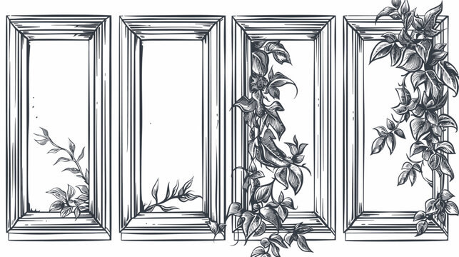 Hand-drawn four-paned window frames with vines and leaves