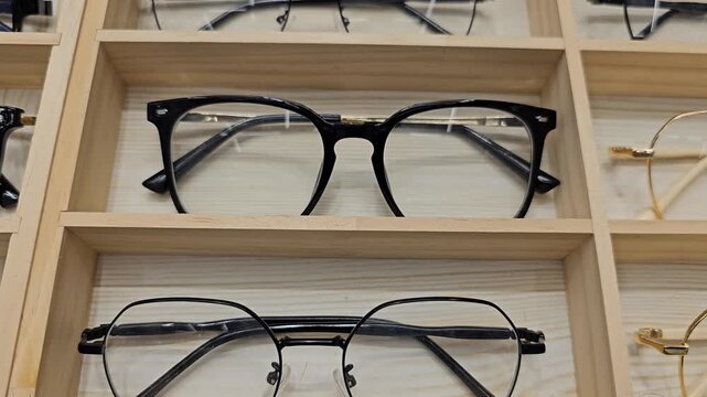 Various eyeglasses frames displayed in wooden compartments with black and gold metal and plastic eyewear arranged in rows, optical store showcase selection, close up front view