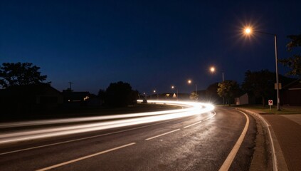 Obraz premium Blurred lights streak through a suburban street at night with lampposts illuminating the road