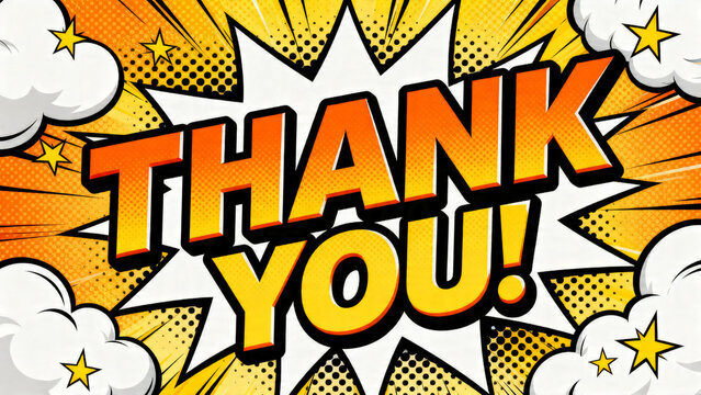 Pop Art Style Thank You Comic Book Burst with Clouds and Stars
