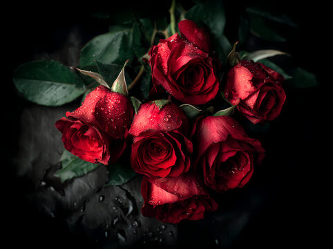 Ramo de rosas rojas frescas con gotas de agua sobre un fondo negro elegante