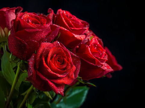 Ramo de rosas rojas frescas con gotas de agua sobre un fondo negro elegante