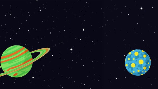 A colorful flat 2D animation of a pink planet, a striped red planet, and a green moon floating in a starry black galaxy. This зацикленная (looping) space scene is ideal for children's content, games, 