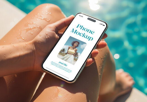 Woman holding an iPhone, sitting at a swimming pool