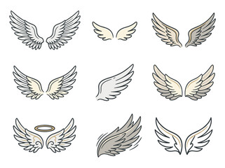 Obraz premium Angel wing icons: 9 hand-drawn doodle sketch wings, celestial spiritual feathered wing collection