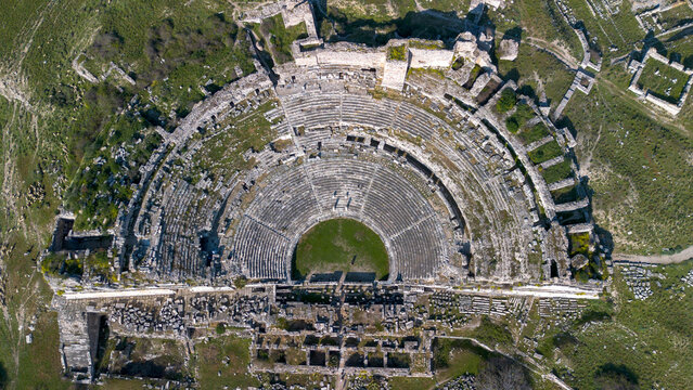 Panoramic Aerial View of the Grand Ancient Theater in Miletus, Aydin, Turkey