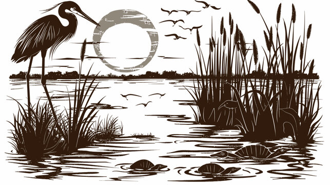 Silhouetted heron, birds, cattails, and turtles in a lake with textured sun behind
