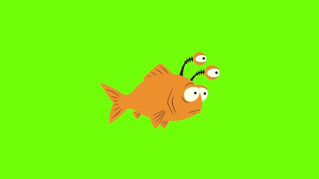 A hilarious 2D cartoon animation loop of a stylized orange fish with three goofy eyes swimming continuously across a solid green screen. Ideal for animated comedy shorts, environmental pollution conce