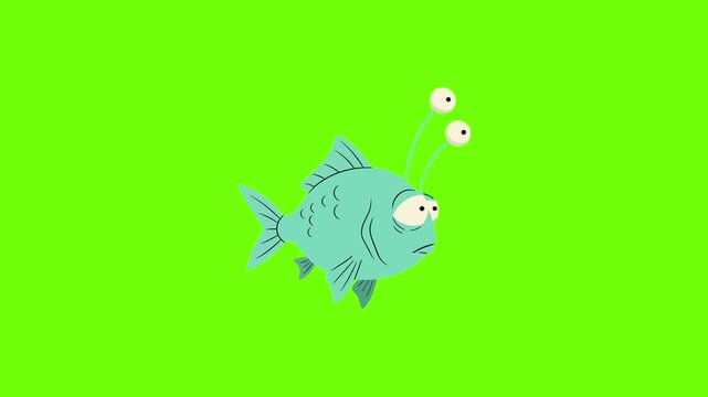 A cartoon-style animation of a teal-colored mutant fish with three bulging eyes swimming against a chroma key green screen background. This asset is ideal for humorous animations, sci-fi projects, eco