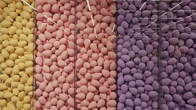 Close up view of cosmetic makeup sponges in transparent containers arranged in vertical rows assorted colors yellow pink and purple beauty blender display in retail store