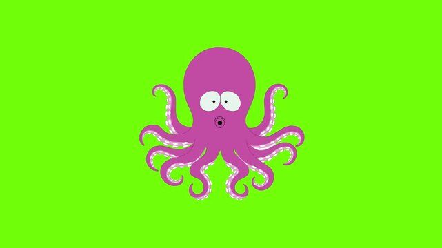 A funny 2D animation of a purple octopus character in a cutout paper style performing a talking action. Isolated on a chroma key green screen, this character is optimized for lip sync and digital stor