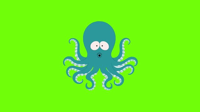 A cute 2D cartoon octopus character with a friendly expression stands against a vibrant green screen background. This stylized mascot is perfect for children's animation, aquatic-themed projects, mobi