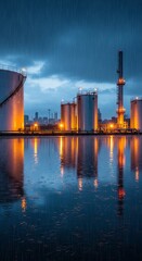 Obraz premium Industrial Oil Refinery Storage Tanks at Night in the Rain with Water Reflections for Energy Industry