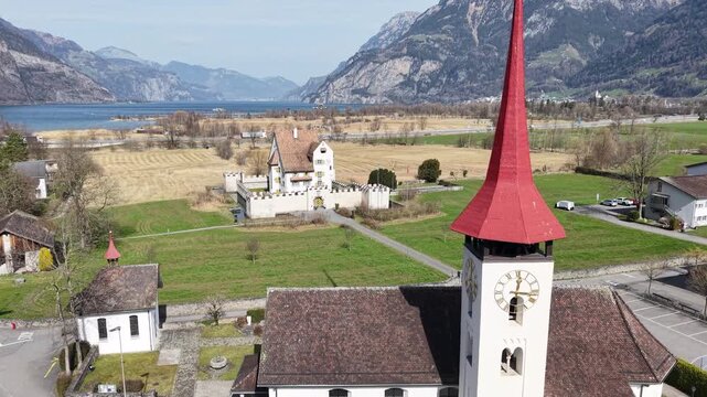 Drone view of A Pro castle at Seedorf on the Swiss alps