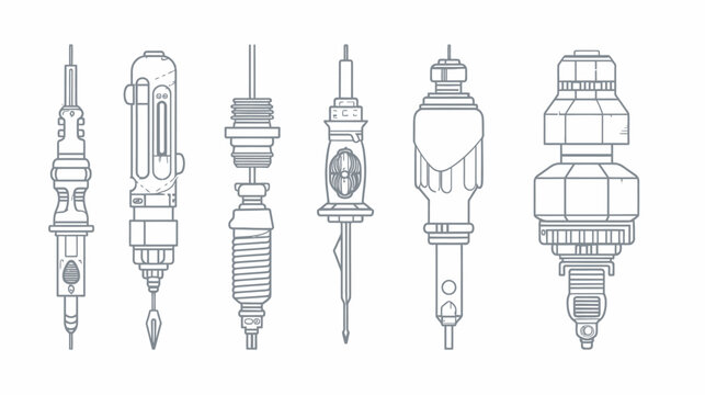 Gray line art depicts an array of six detailed sci-fi tool designs on white