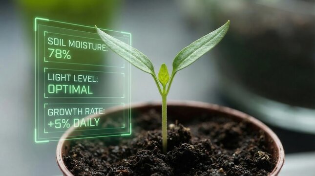Monitoring the growth of a young plant in a pot with digital data about light and moisture levels present