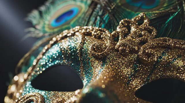 Glittering Gold Masquerade Mask with Peacock Feather.