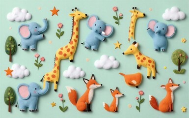 Fototapeta premium Cute felt animals and flowers on a soft green background with clouds.