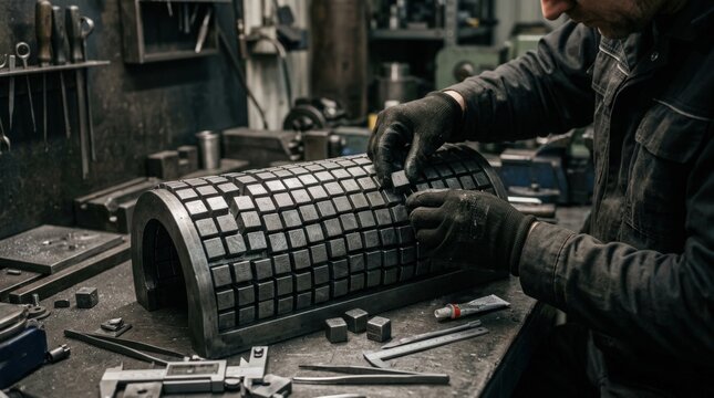 Closeup medium shot of tungsten cubes being carefully arranged and formed into a sleeve emphasizing the dense material and meticulous craftsmanship involved in warhead