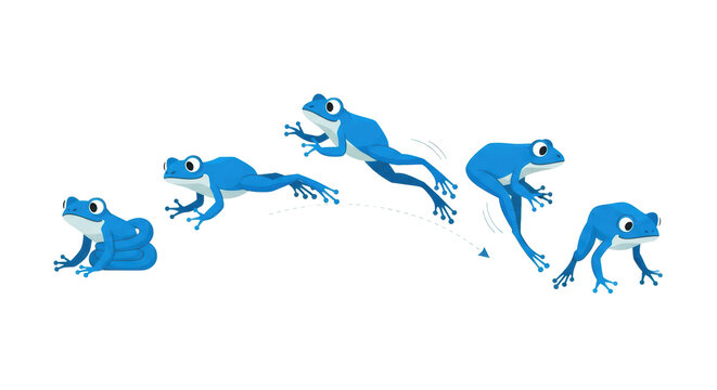 Stylized vibrant cerulean blue flat vector frog shown in a sequential 4-frame jump sequence, geometric limbs, isolated on a sterile white background. concept of kinetic process flow